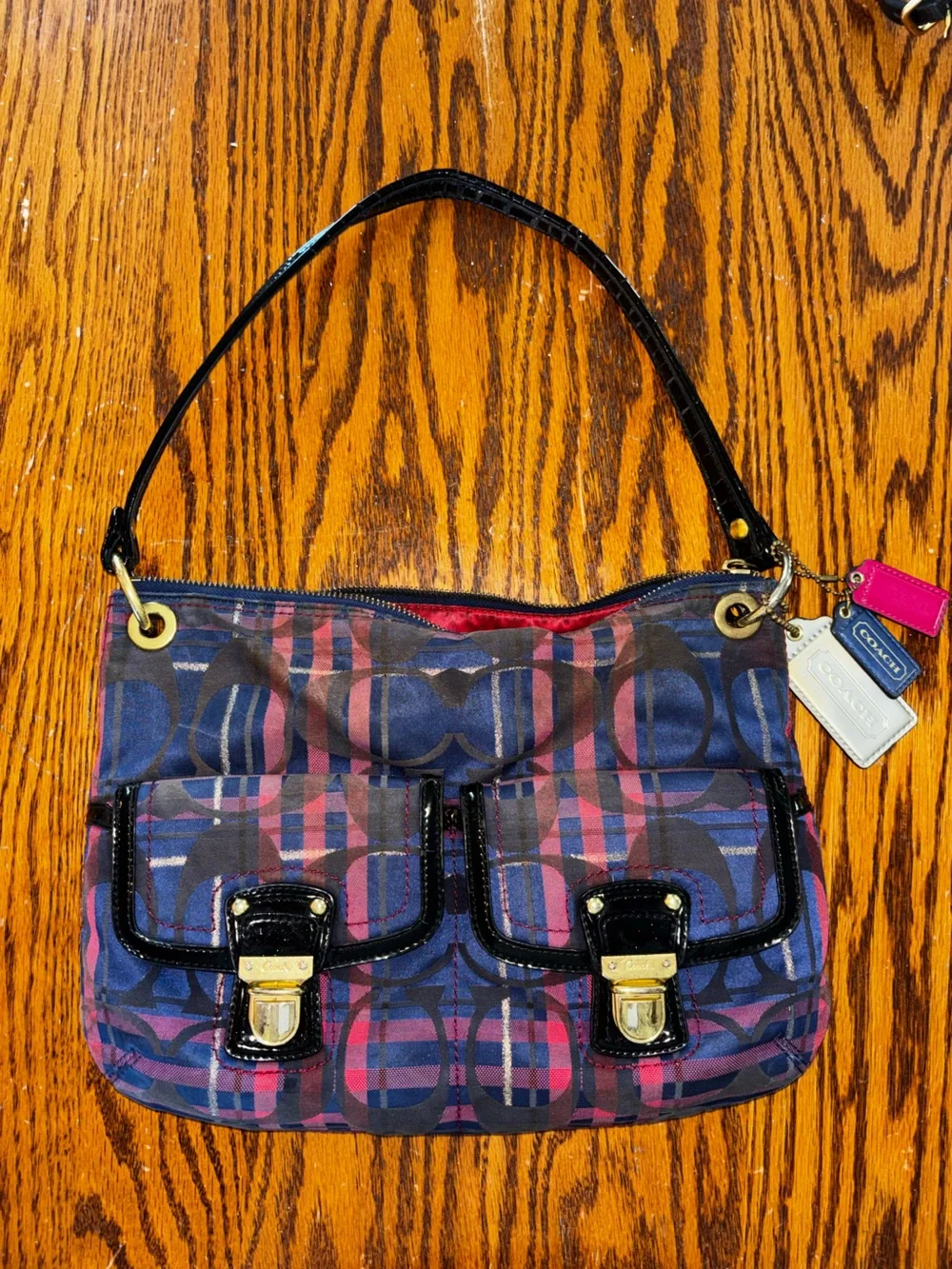 Coach Navy and Pink Signature Stripe Shoulder Bag with Black Patent Trim